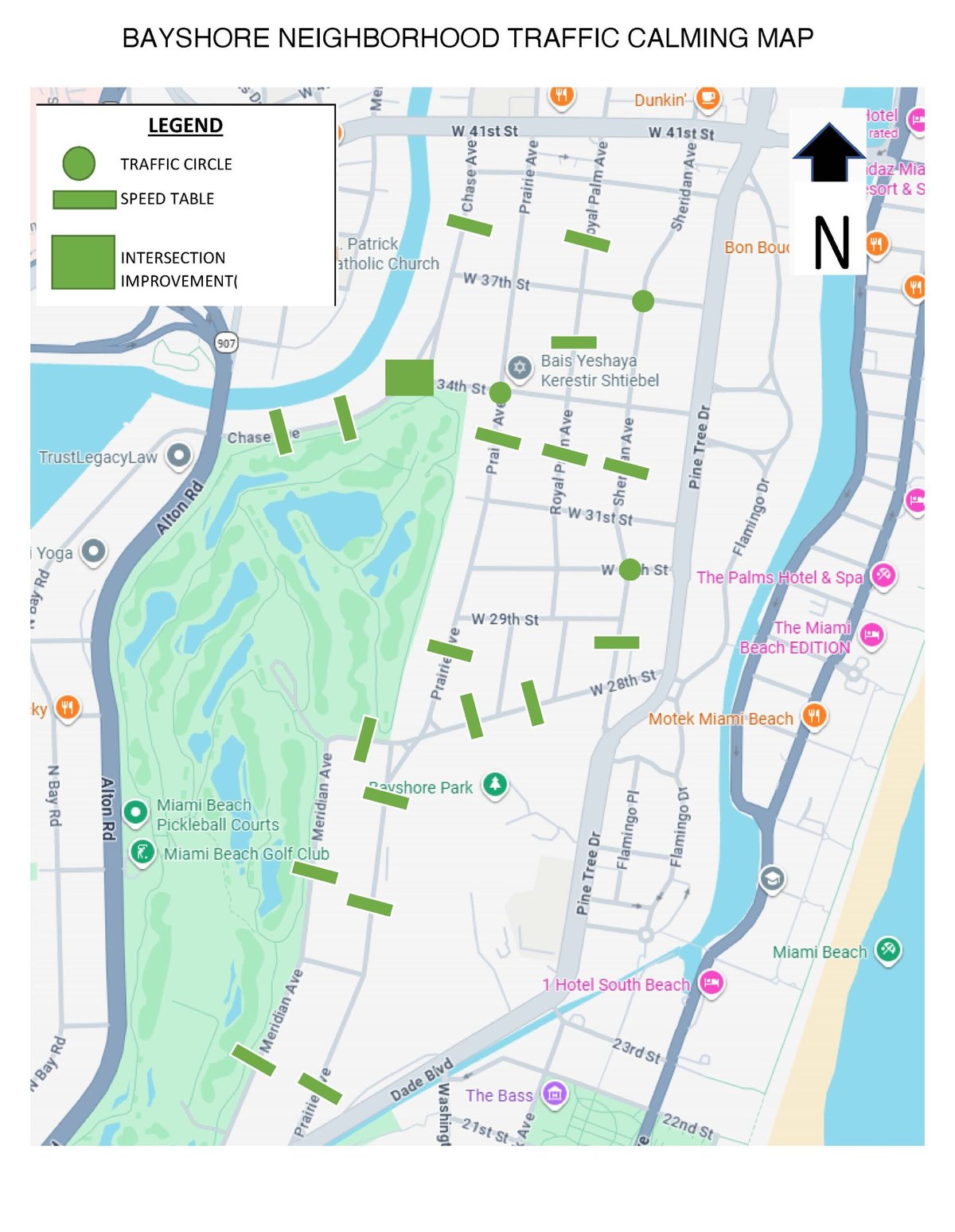 Map of the Bayshore neighborhood marking planned speed tables, traffic circles and one intersection improvement between Dade Boulevard and West 41st Street