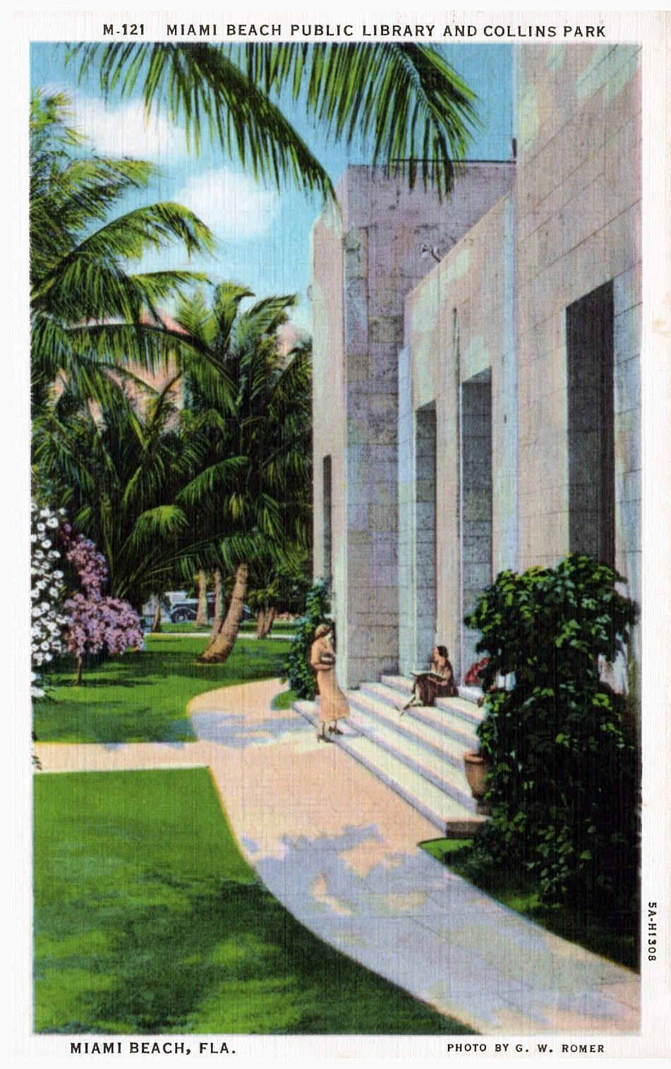 Collins Park and the Miami Beach Public Library building on a colored 1935 postcard