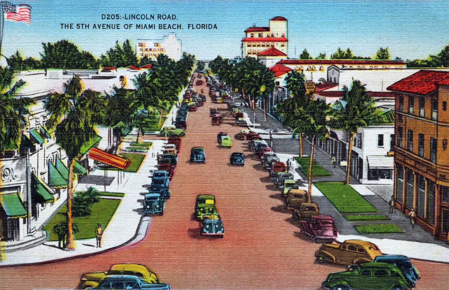 A colorized postcard view of shops along Lincoln Road in Miami Beach