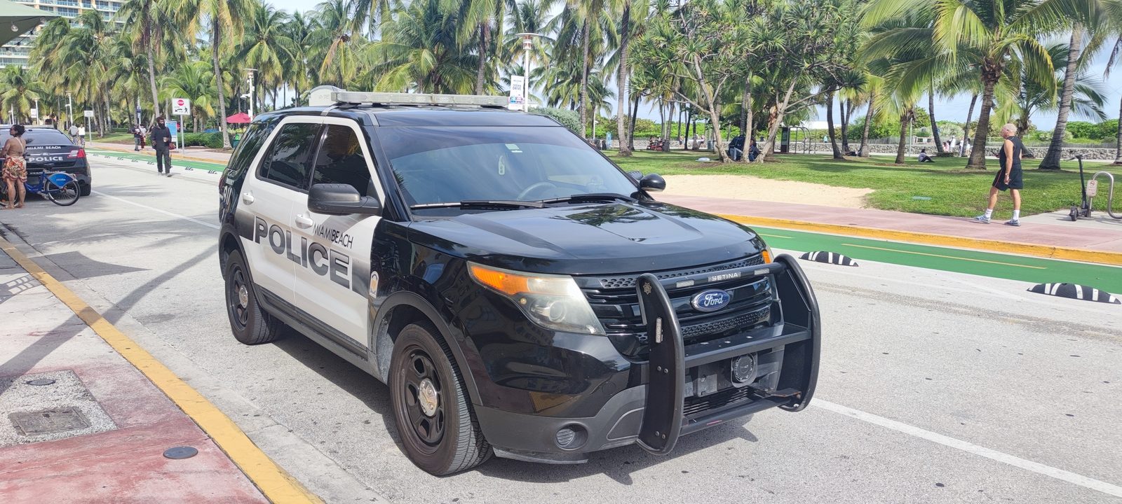 A black and white Miami Beach Police SUV parked on a palm-lined street