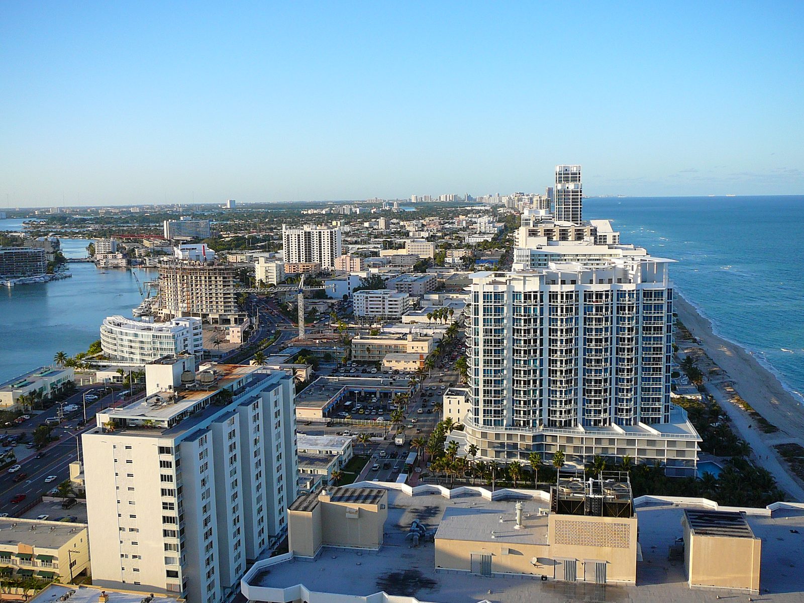 Aerial view of North Beach in Miami Beach, looking over condo towers and the ocean