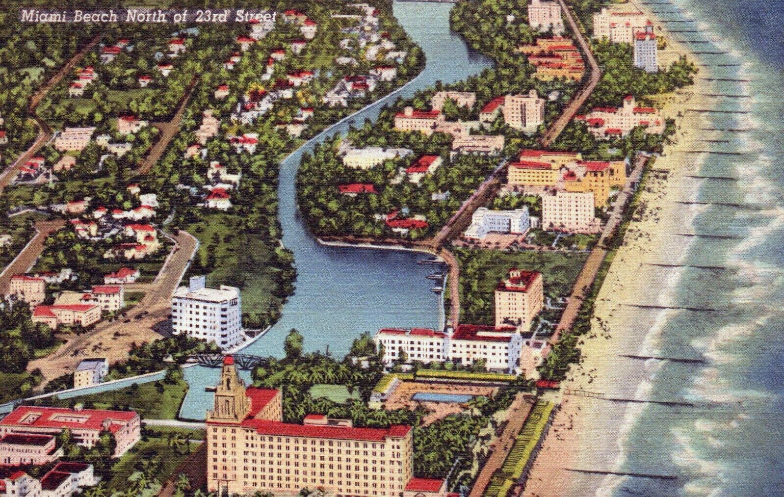 Colored postcard view of Miami Beach north of 23rd Street