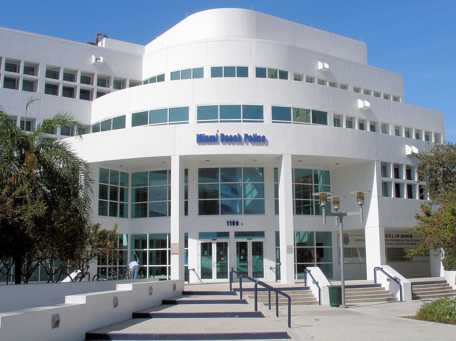 The white curved Miami Beach Police headquarters building