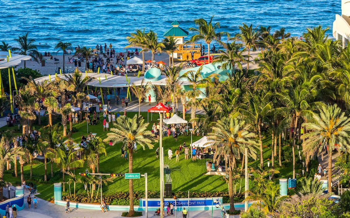 Aerial view of Samson Oceanfront Park on Collins Avenue in Sunny Isles Beach