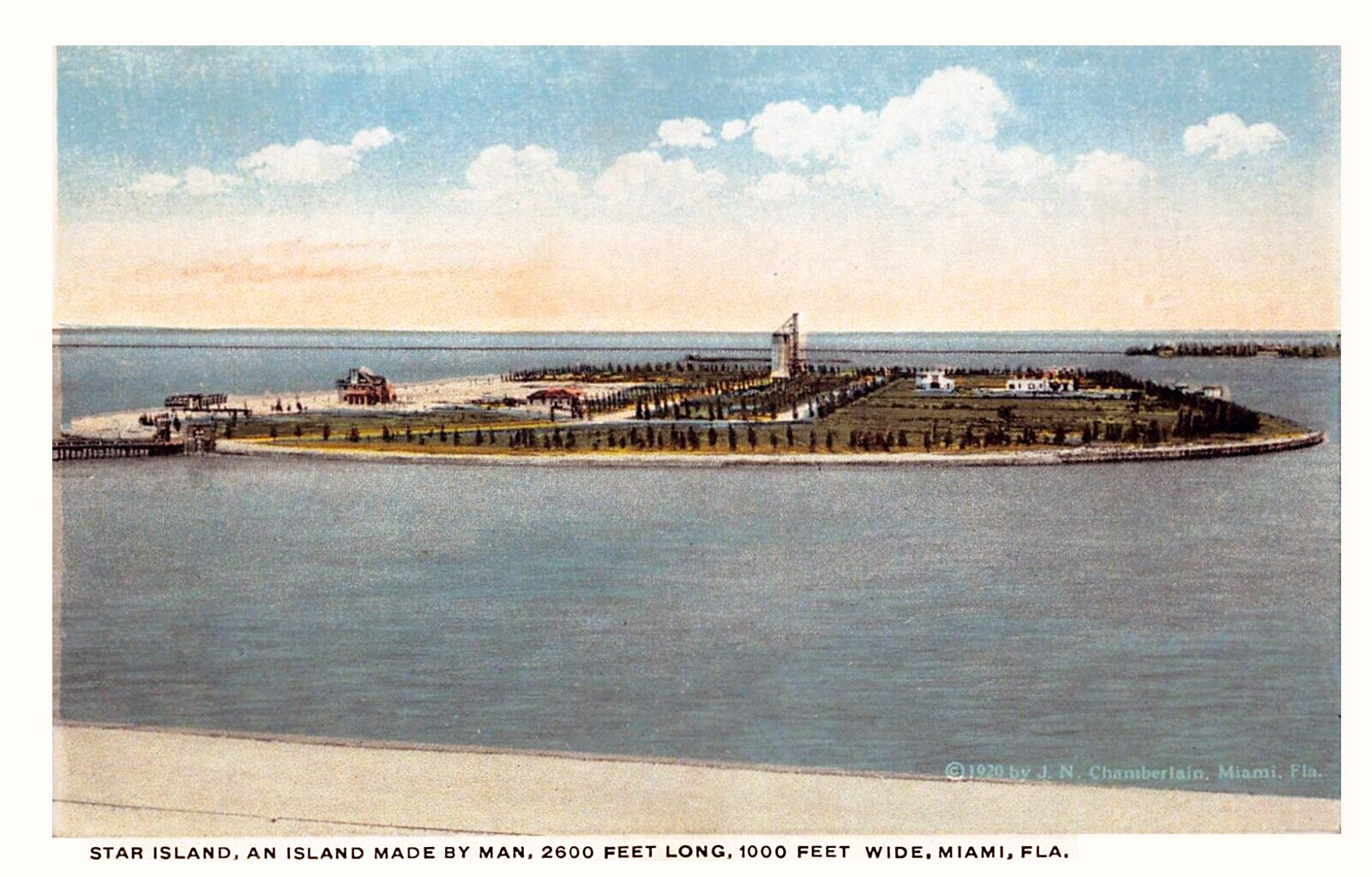A tinted postcard view of homes and palms on Star Island in Biscayne Bay