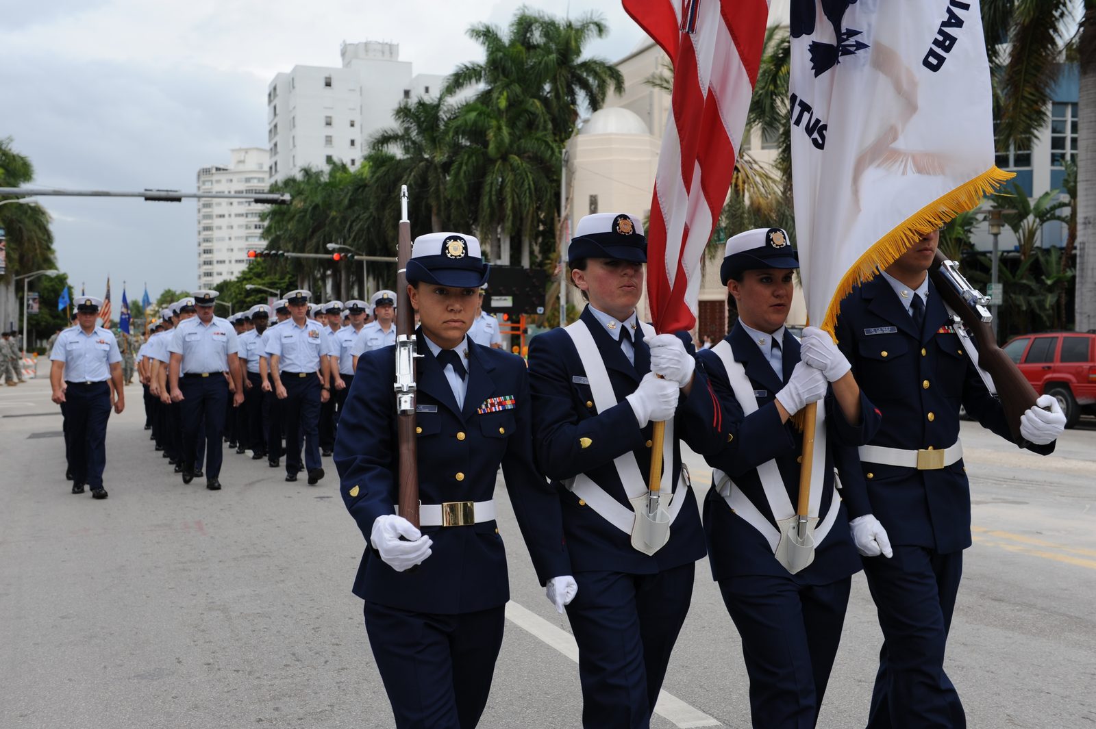 Coast Guard members march in formation in the Miami Beach Veterans Day Parade