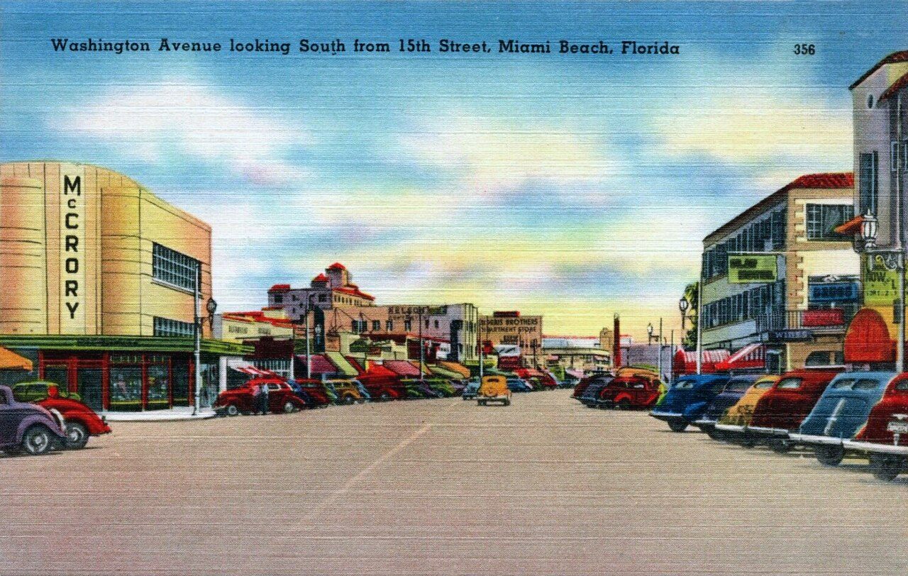 Vintage postcard view of Washington Avenue looking south from 15th Street in Miami Beach